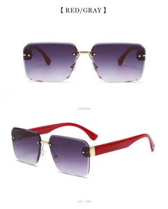 Lunettes de soleil sans monture pour femme avec branches rouges et pont en metal dore.