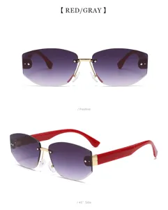 Gafas de sol sin montura, vintage degradado rojo gris con elegante montura de metal dorado para unisex.