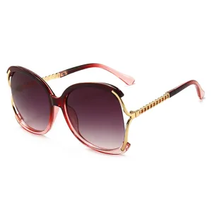 Damen Oversize Sonnenbrille mit Farbverlauf, modischen Metallketten-Bügeln und hohlem Rahmen-Design.