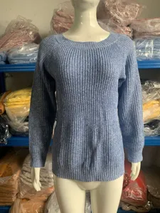 Solid color long sleeve crew neck knitted sweater detail view, cozy winter pullover women fashion.