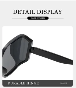 Detailed view of fashionable polygon curved lens sunglasses hinge structure for streetwear.