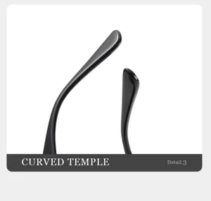 Black sunglasses curved temple detail close-up view, modern fashion eyewear accessory.