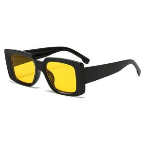 Trendy chunky square frame sunglasses with yellow lenses for fashion street style daily wear.
