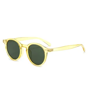 Retro round frame sunglasses with yellow transparent design and UV protection lenses.