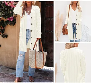 Detailed view of women's casual long sleeve solid color knit cardigan sweater outerwear.