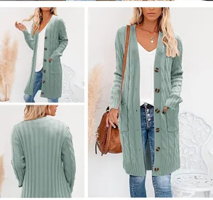 Long knitted cardigan sweater featuring front buttons, deep V-neckline, and practical pockets.