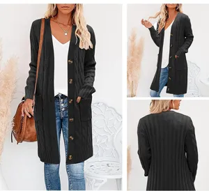 Detailed view of the women long knitted cardigan sweater showing button and pocket close-up.