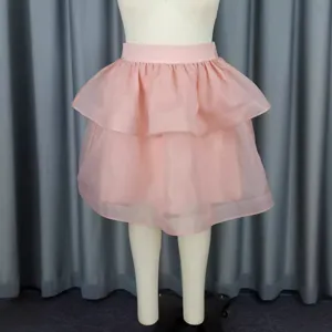 Pink tiered tulle skirt detail, elegant mesh layered ruffle design for women apparel showcase