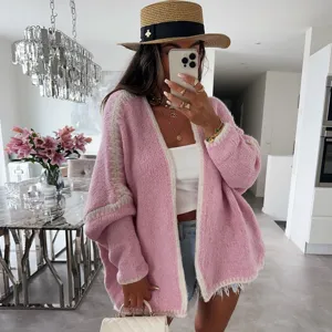 Women Casual Polyester Knit Cardigan Sweater Loose Oversized V-Neck Long Sleeve Chunky Outerwear Solid Color Autumn Winter Top
