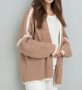 Women fall winter chunky knit cardigan sweater with contrast white stitch trim long sleeve