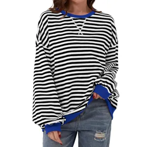 Γυναικείο casual ριγέ μακρυμάνικο φούτερ color block στρογγυλή λαιμόκοψη pullover top νέο