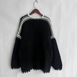 Black and white contrast trim long sleeve knit sweater for women, loose casual pullover.
