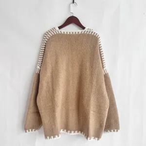 Women casual loose long sleeve knit sweater cardigan with contrast white trim casual wear.