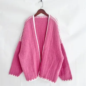 Women Casual Pink Chunky Knit Cardigan Sweater Long Sleeve Open Front Knitwear Coat