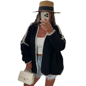 Women loose long sleeve knit cardigan sweater with contrast trim autumn winter outerwear
