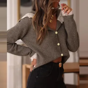 Women's knit cardigan sweater detail featuring elegant lace collar and button front design.