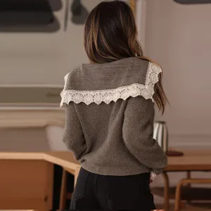 Women knit sweater with white lace trim sailor collar short preppy style stylish top back view