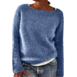 Women's solid color long sleeve crewneck knit sweater casual basic winter pullover top