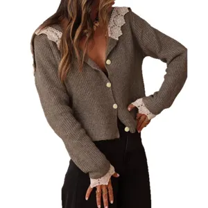 Women knit cardigan sweater short style lace trim sailor collar brown casual daily wear top