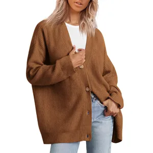 Gilet en tricot pour femme col en V avec boutons manches longues cardigan ample.