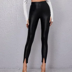 Women High Waist Skinny PU Leather Pants With Split Hem Sexy Slim Fit Solid Black Casual Long Pencil Trousers Leggings