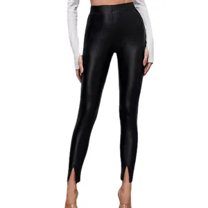 Women's high waist faux leather pants slim fit split hem black trousers stylish streetwear