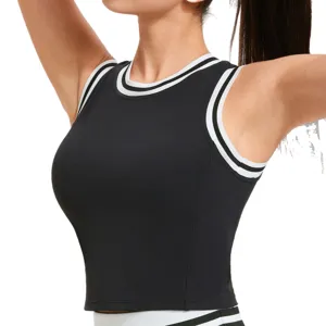 Black athletic crop top tank with striped trim, perfect for gym, yoga, and fitness workouts.