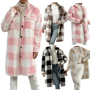 Long plaid fleece coat women winter casual oversized button lapel jacket warm outerwear