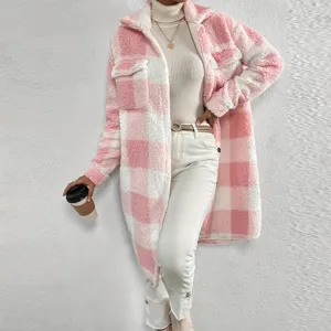 Women's Plaid Fleece Coat Long Sleeve Lapel Single Breasted Loose Casual Long Jacket Teddy Outerwear Autumn Winter Fashion Checkered Coat