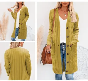 Close-up details of the mustard yellow cable knit long cardigan, showcasing buttons and pockets.