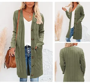 Army green long cable knit cardigan sweater detail showing front, side and back views.
