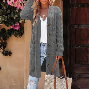 Women long cable knit cardigan sweater coat solid color single breasted casual outerwear