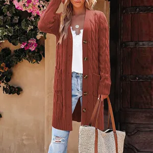 Close-up detail of women's long knitted cardigan sweater featuring buttons and pockets.