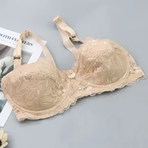 Detail view of beige lace push-up bra, showing exquisite floral embroidery and cup texture.