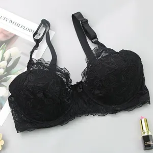 Sexy black lace padded push-up bra for women, comfortable adjustable straps and floral design.
