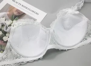 White lace bra detail interior view, plus size gathered push up lingerie for women.