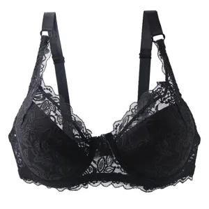 Detailed view of the black lace bra showing delicate floral patterns and adjustable straps.
