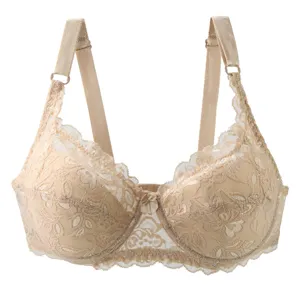 Women lace plus size gathering bra beige D cup comfortable shaping underwear detail view