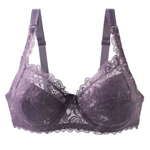 Purple lace push-up bra for women, plus size sexy floral lingerie with wide straps.