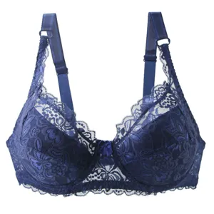 Detailed view of the deep blue lace push-up bra, featuring delicate floral lace and straps.