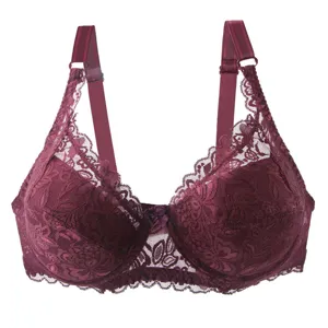 Wine red lace push up bra D cup sexy plus size floral lingerie adjustable straps support