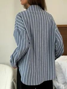 Casual loose striped long sleeve turn-down collar button down shirt for women, stylish streetwear.