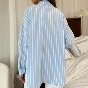 Oversized striped long sleeve button down shirt women casual lapel sun protection blouse back view