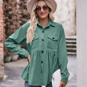 Camicia donna in velluto a coste verde manica lunga bottoni casual blusa streetwear.