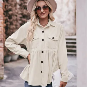 Donna Camicia Manica Lunga Corduroy Bottone Casual Peplum tinta unita Top Moda Nuova