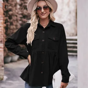 Camicia nera da donna in velluto a coste manica lunga bottoni elegante top casual