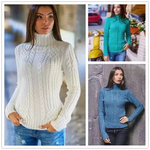 Femme Col Roulé Pull En Maille Cablee Coupe Ajustée Hiver Mode Manches Longues Top