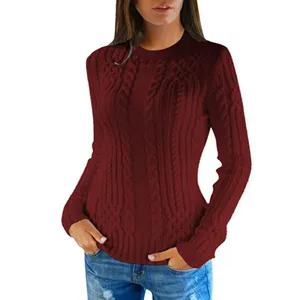 Pull Femme Casual Manches Longues Torsades Slim Fit Couleurunie Col Rond Tricot Haut