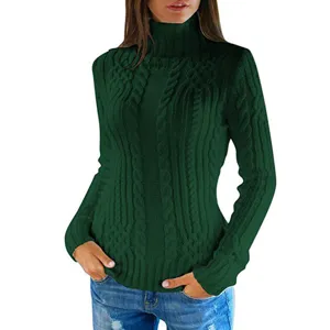 Pull col roulé torsadé vert foncé pour femme, coupe moulante élégante automne et hiver.