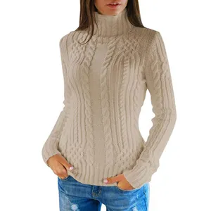 Femme pull col roulé motif torsades décontracté slim manches longues élégant beige